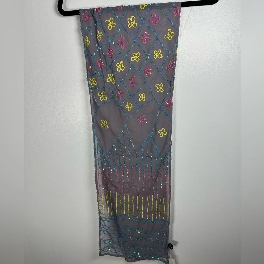 Raj Gray and Yellow Silk Scarf Sequins, 70” x 12”